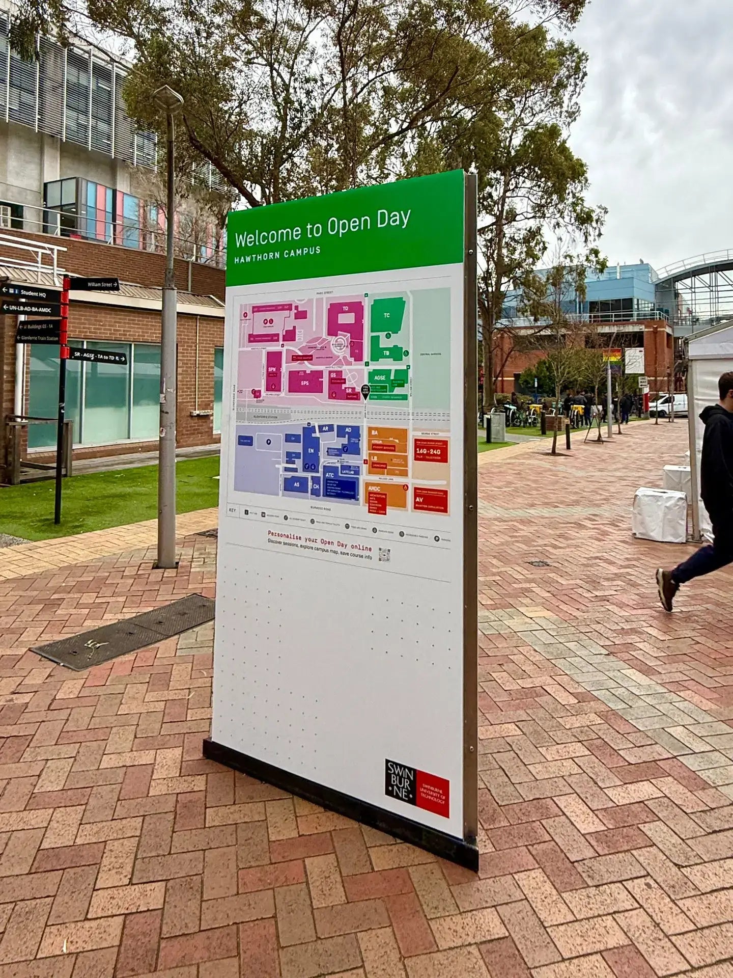 Welcome map board with corflute wayfinding signage at Swinburne Hawthorn Open Day