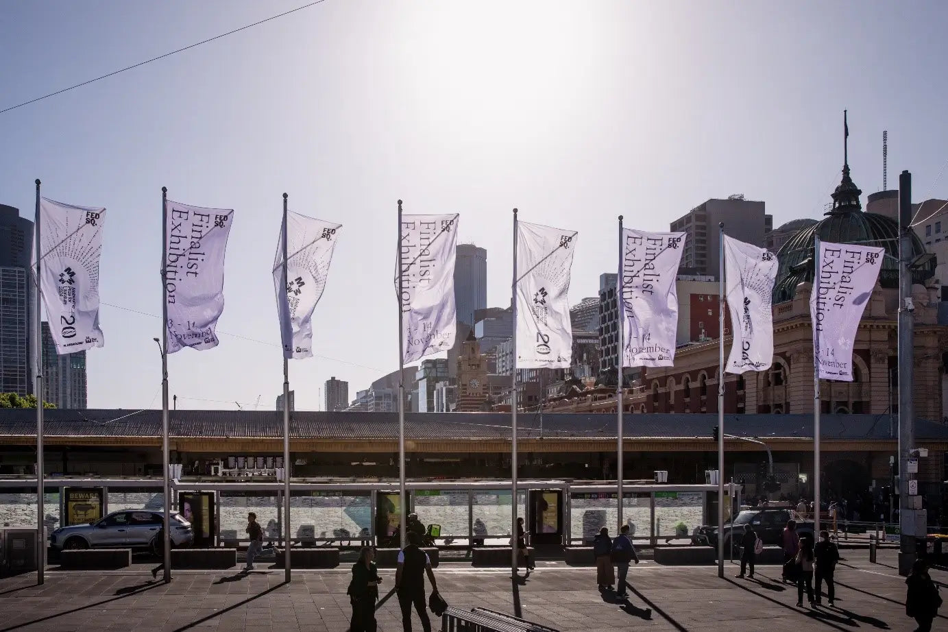 Melbourne Prize Awards super banners flying high against the Melbourne city skyline.