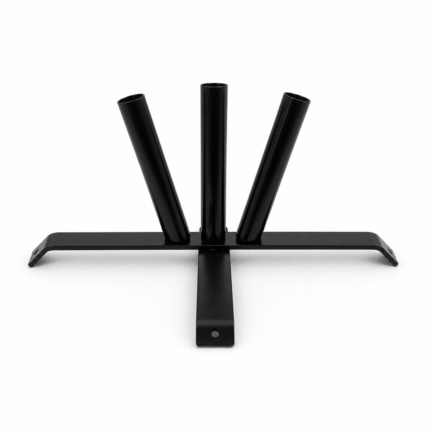 A black metal table base with three vertical support rods and a wide flat cross-shaped bottom plate, shown on a plain white background.