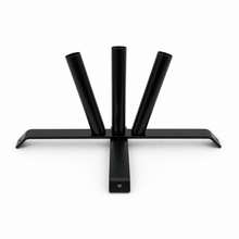 A black metal table base with three vertical support rods and a wide flat cross-shaped bottom plate, shown on a plain white background.