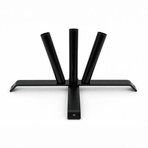 A black metal table base with three vertical support rods and a wide flat cross-shaped bottom plate, shown on a plain white background.