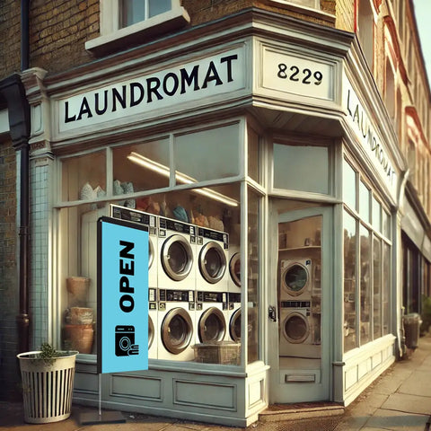 OPEN LIGHT BLUE Rectangle Flag for Laundromats