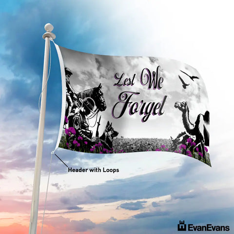 ANZAC-themed Lest We Forget flag featuring animals with purple poppies flying on a pole.