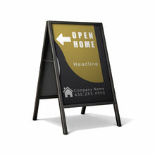 A-frame sign with open home text and contact information on a white background