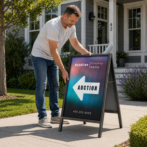 Man setting up an outdoor auction sign in front of a house