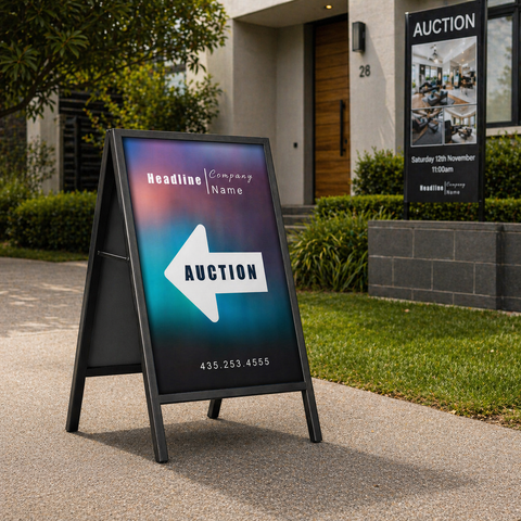 Outdoor signboard with 'Auction' direction and contact information in front of a house.