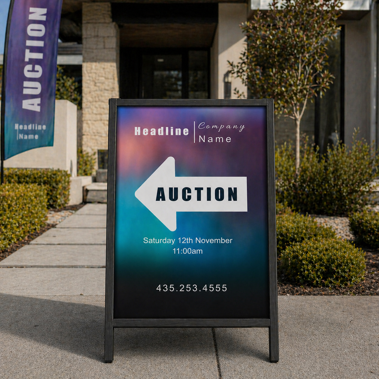 Auction sign with arrow pointing to the right, text, and contact information on a stand outside a building.