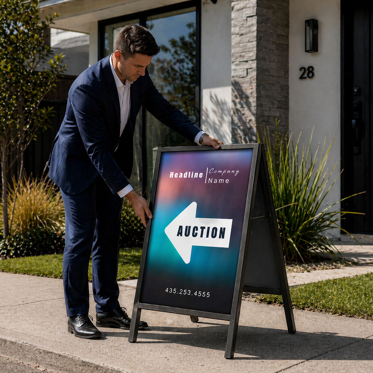 Man in a suit adjusting an auction sign outside a house