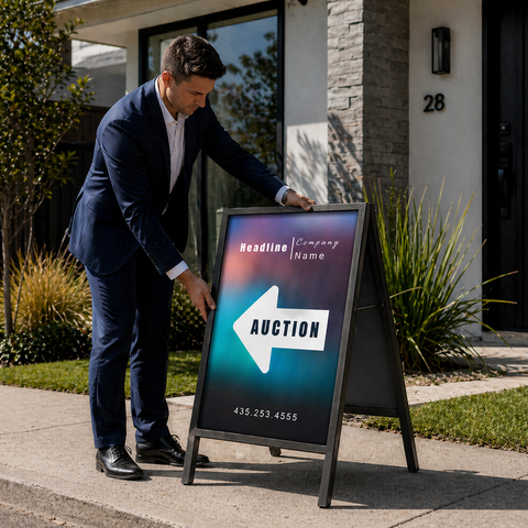 Man in a suit adjusting an auction sign outside a house