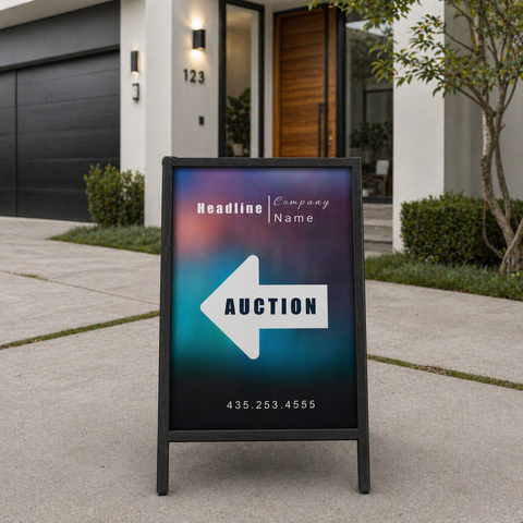 Outdoor signboard with auction information in front of a house.