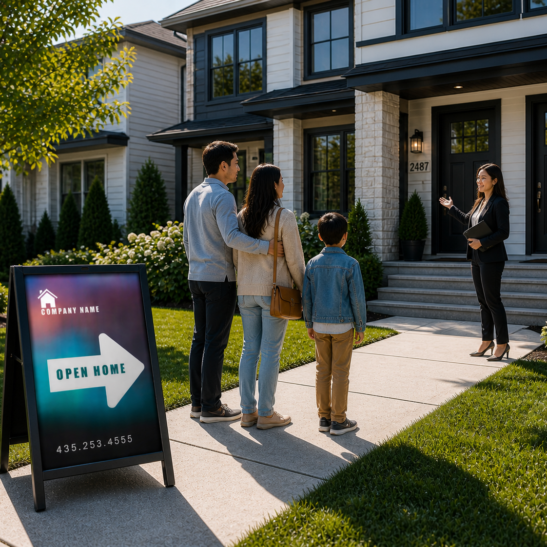 Real estate agent showing a house to a family with an 'Open House' sign in the foreground.