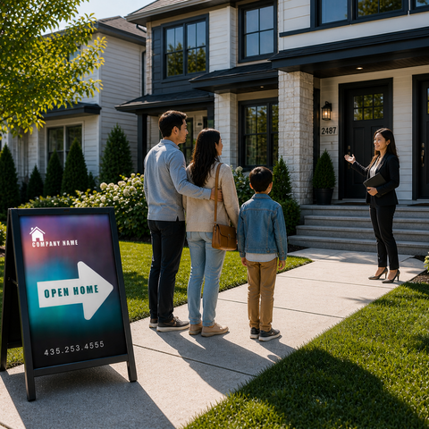Real estate agent showing a house to a family with an 'Open House' sign in the foreground.