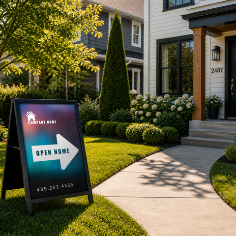 Real estate open house sign in front of a house with a well-maintained lawn and garden.