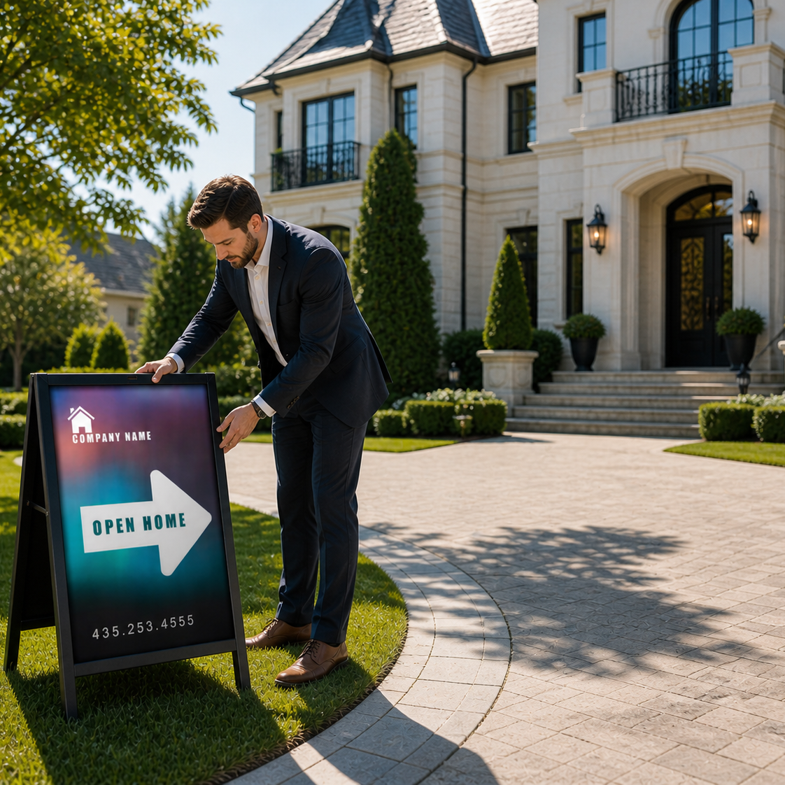 Man setting up a real estate open house sign in front of a mansion.