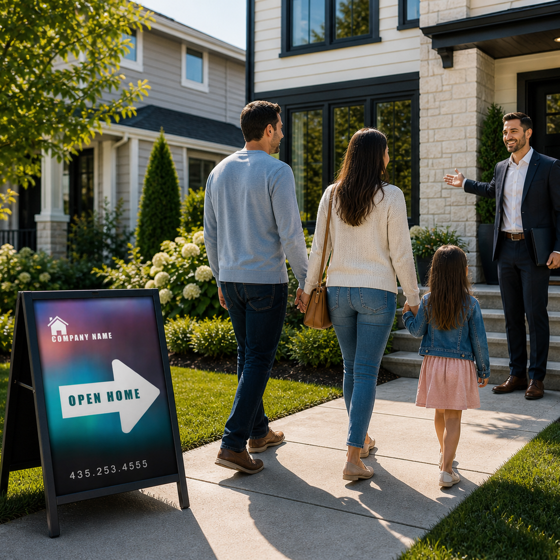 Family walking towards a house with a real estate agent, open house sign visible.