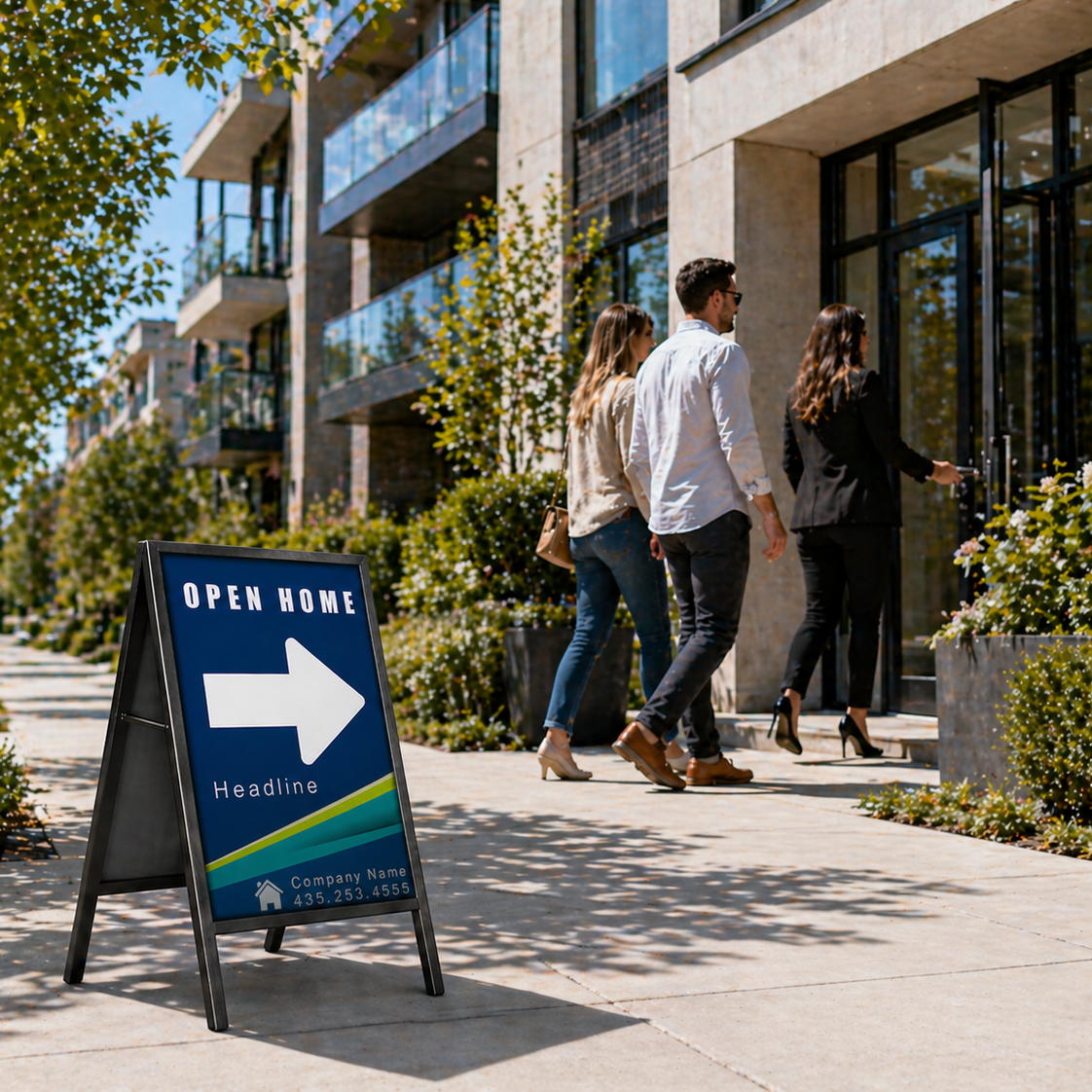 People walking towards a building with an 'Open Home' sign in the foreground.