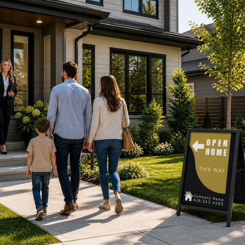 Family walking towards a house with an open home sign, indicating a real estate scenario.