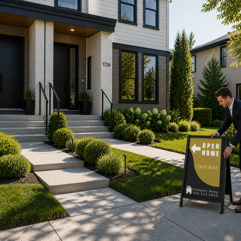 Man placing an 'Open House' sign in front of a modern house