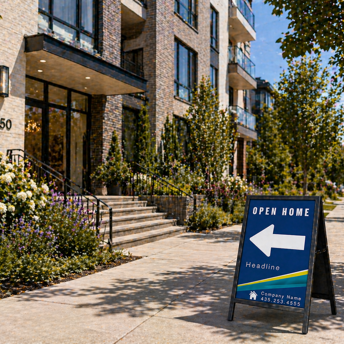 Open home sign in front of a residential building with trees and flowers.