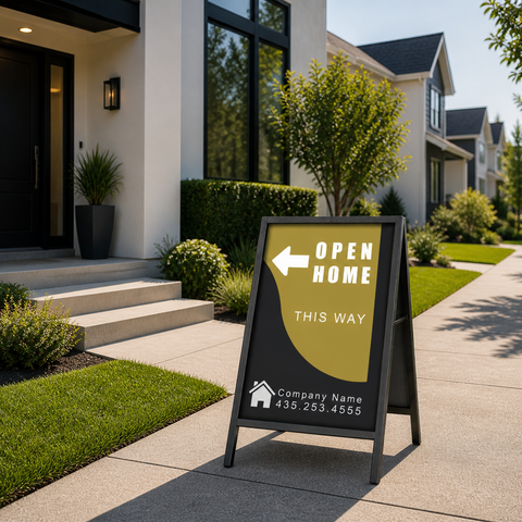 Open home sign in front of a house with a clear sky