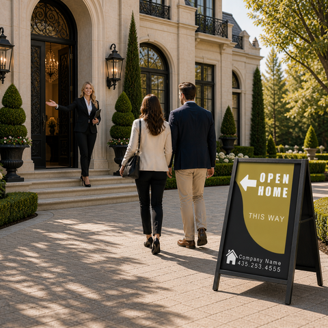 People approaching a mansion with an 'Open Home' sign in the foreground.