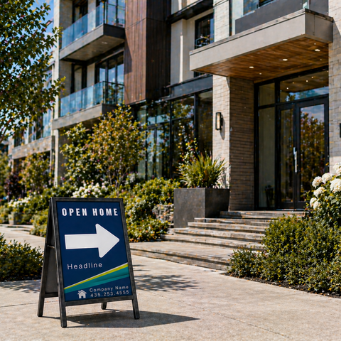 Open home sign in front of a modern apartment building