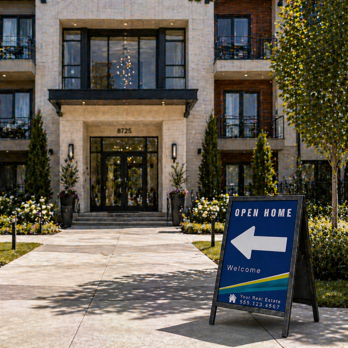 Open home sign in front of a residential building with a pathway and trees.