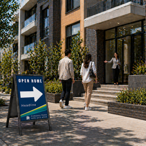 People approaching a building with an 'Open Home' sign in the foreground.