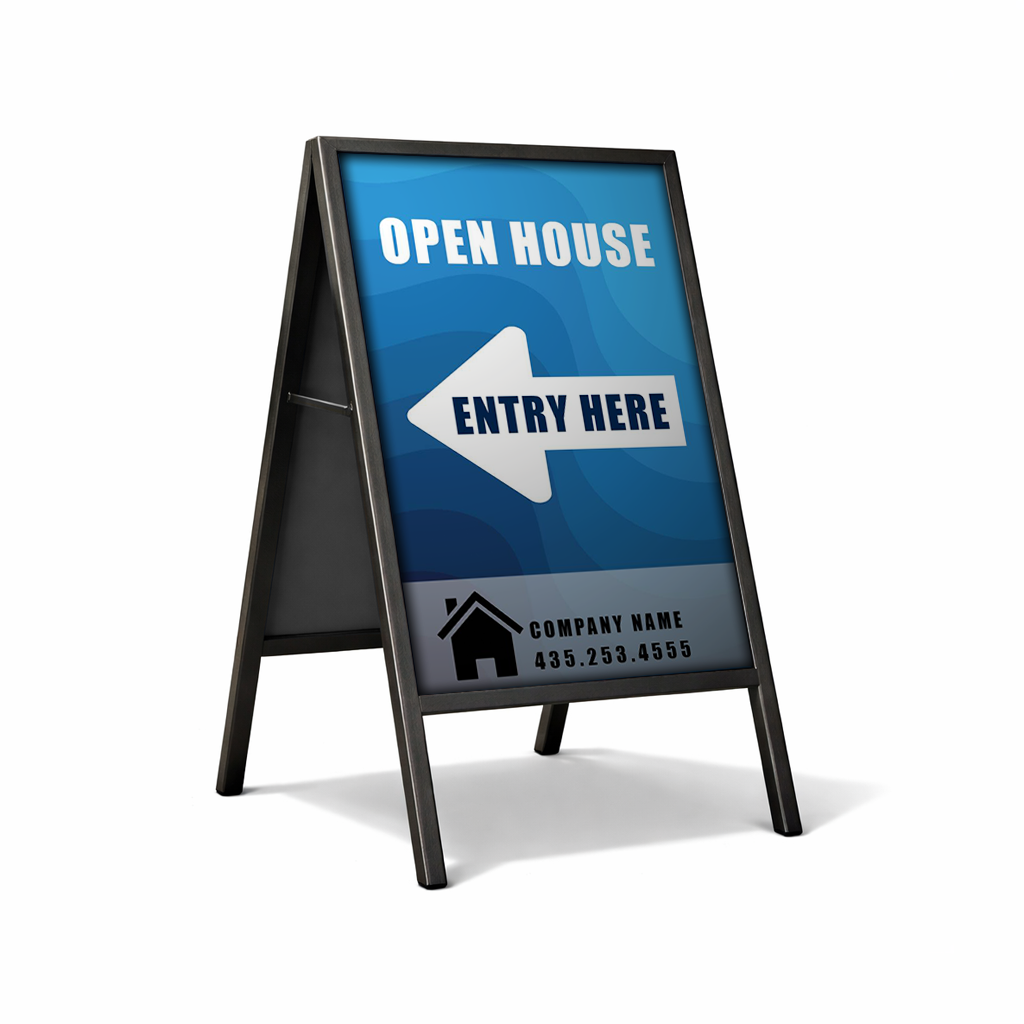 Open house sign with an arrow pointing to entry on a white background