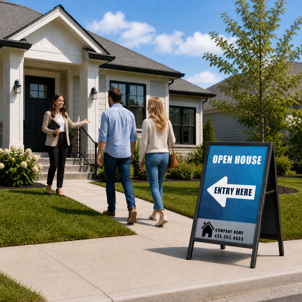 People walking towards a house with an 'Open House' sign in front