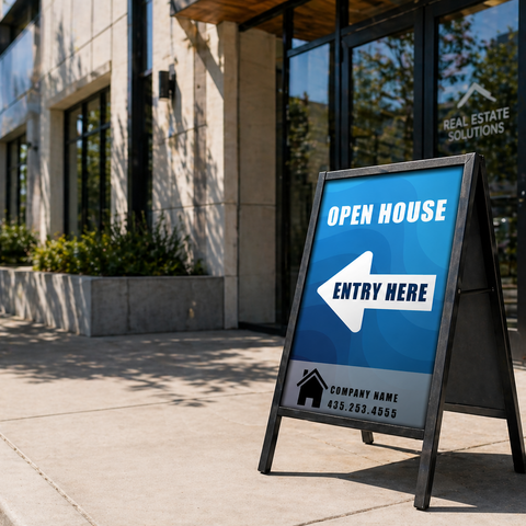 Open house sign on a sidewalk in front of a building