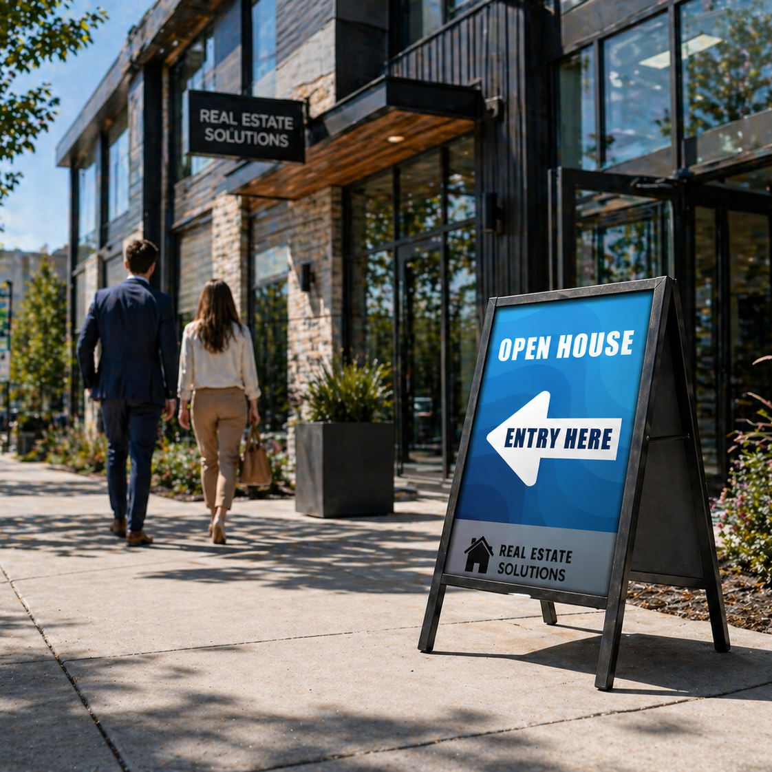 Open house sign directing people to a real estate office with a couple walking by.