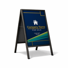 Real estate a-frame sign with customizable text on a white background