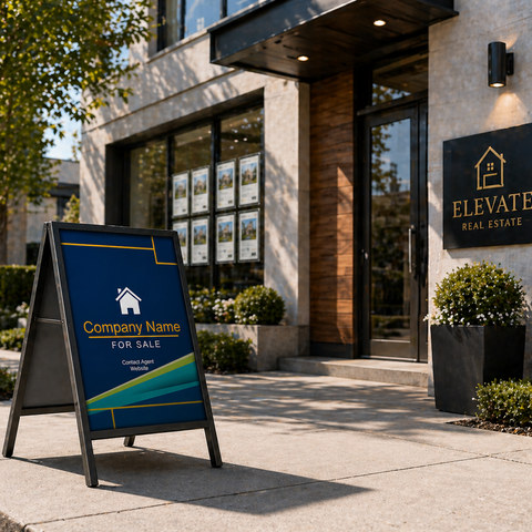 Elevate Real Estate sign in front of a building with 'For Sale' sign.