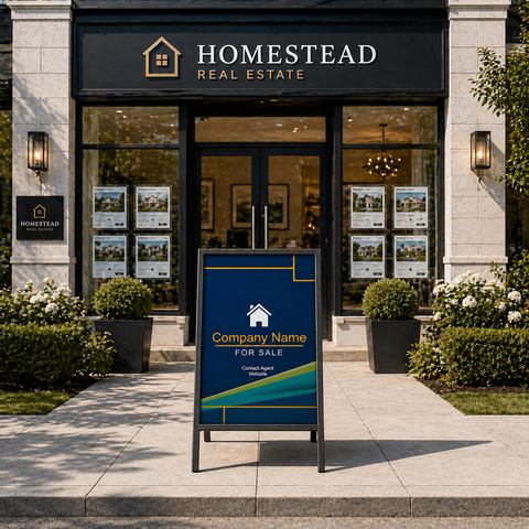 Homestead Real Estate office with a 'For Sale' sign in front