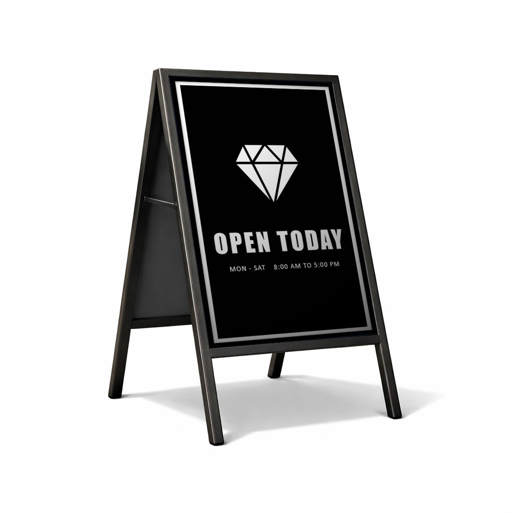 A-frame sign with a diamond icon and opening hours on a white background