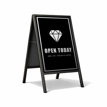 A-frame sign with a diamond icon and opening hours on a white background