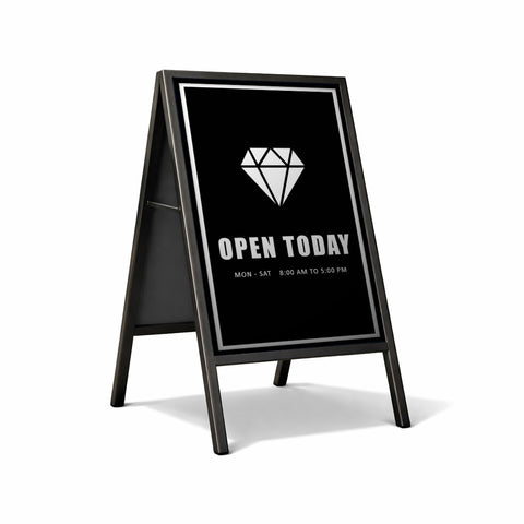 A-frame sign with a diamond icon and opening hours on a white background