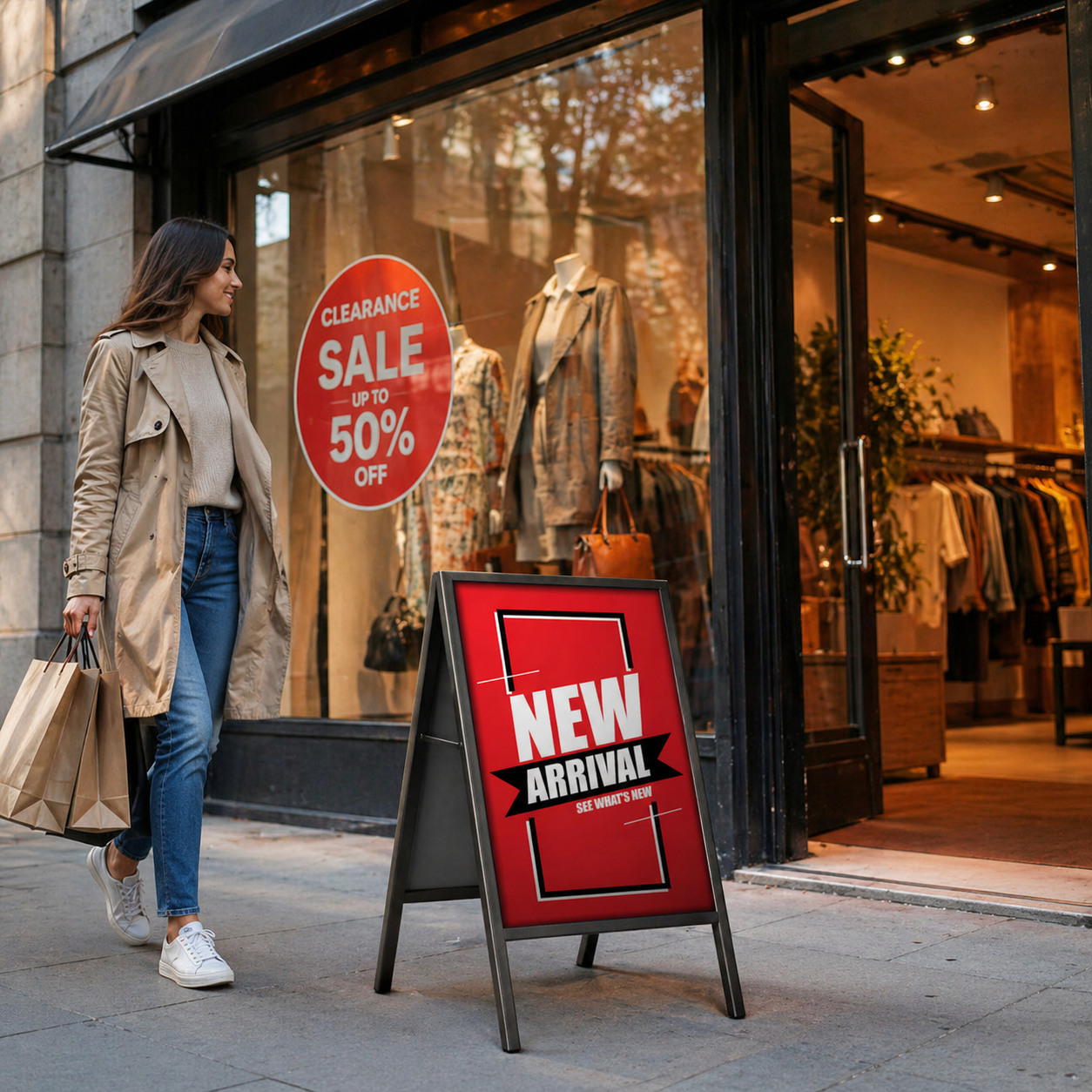 Woman walking past a store with a clearance sale sign and a 'New Arrival' sign outside.
