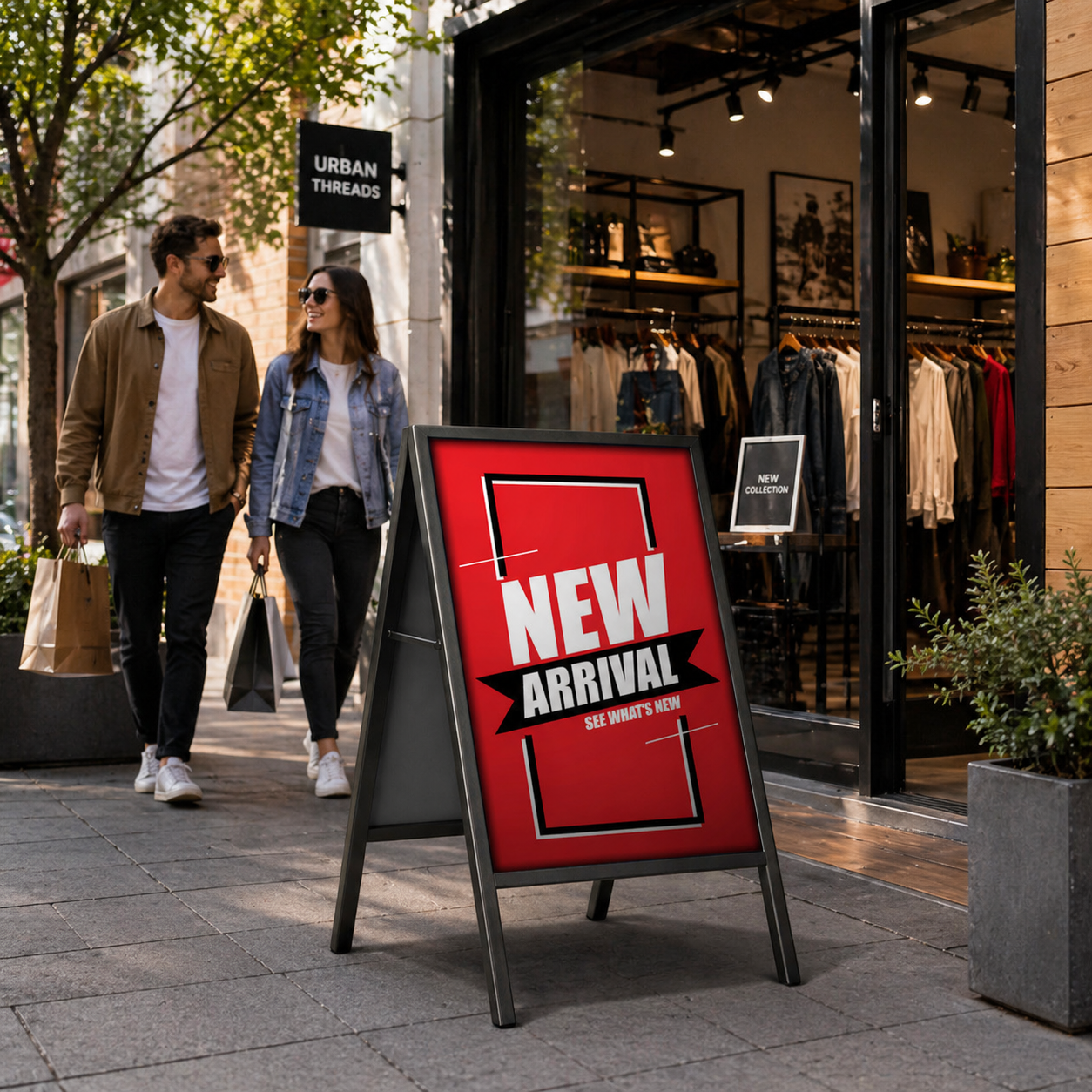 People walking past a store with a 'New Arrival' sign outside.
