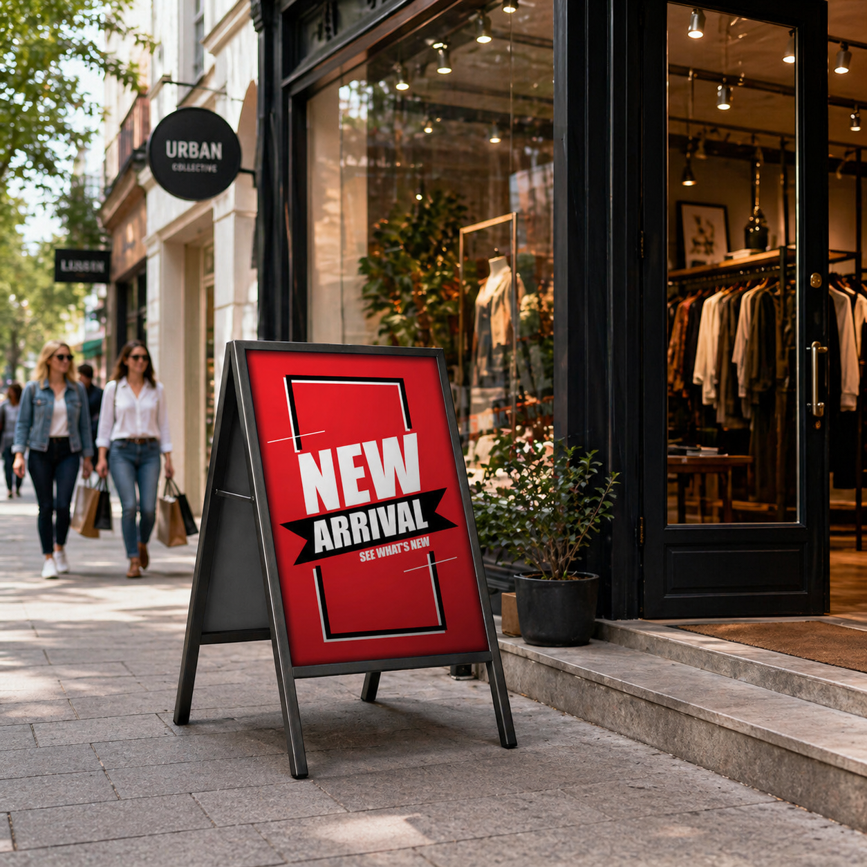 Red 'New Arrival' sign outside a clothing store on a city street.