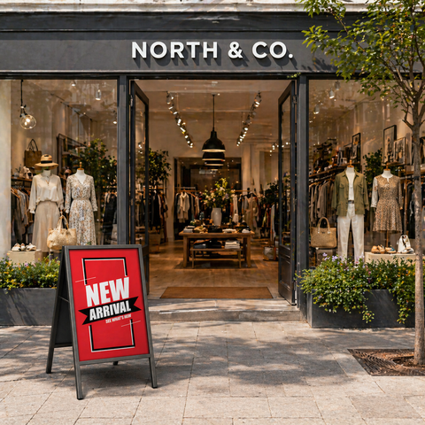 Storefront of North & Co. with mannequins and 'New Arrival' sign outside.