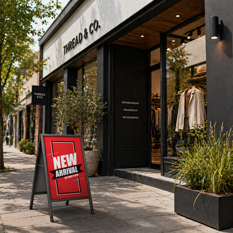 Thread & Co. store exterior with a 'New Arrival' sign on a sidewalk.