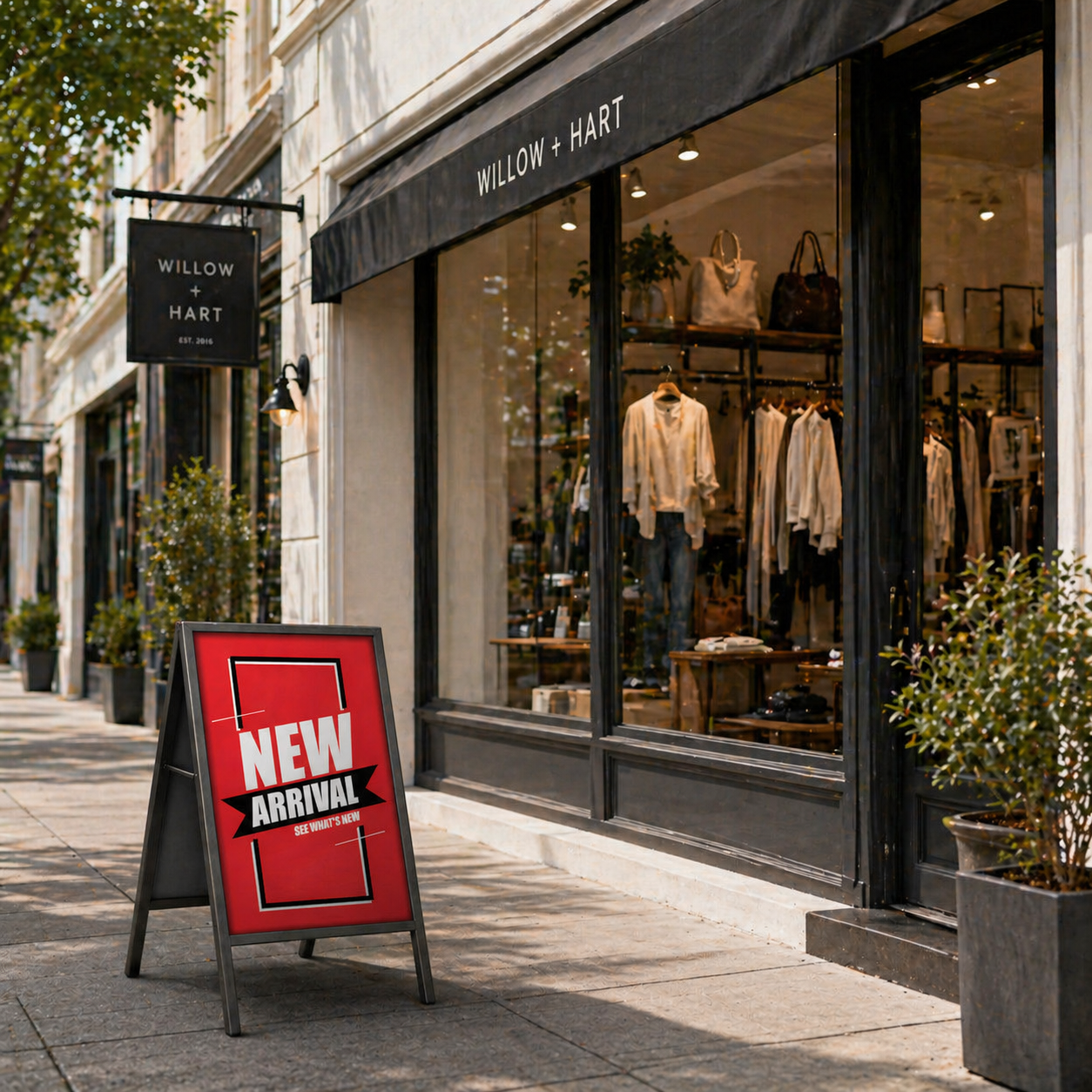Willow + Hart store with a 'New Arrival' sign on a sidewalk