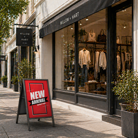 Willow + Hart store with a 'New Arrival' sign on a sidewalk