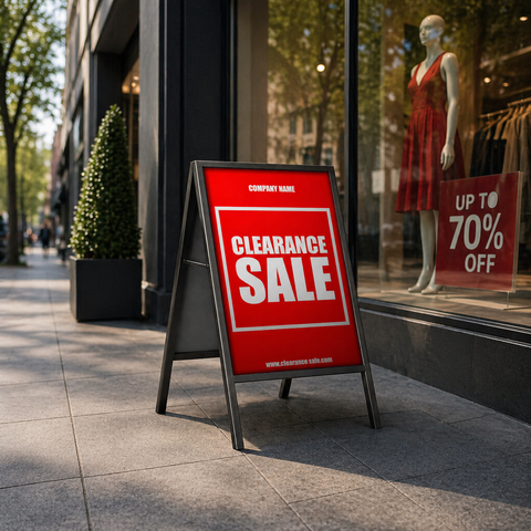 Clearance sale sign in front of a store window with a mannequin wearing a red dress.