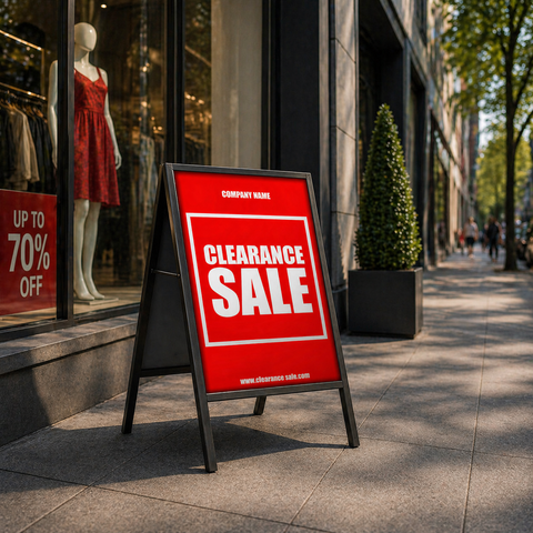 Clearance sale sign in front of a store with mannequins wearing red dresses.