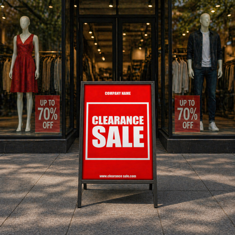 Clearance sale sign in front of a clothing store with mannequins and 'Up to 70% Off' signs.