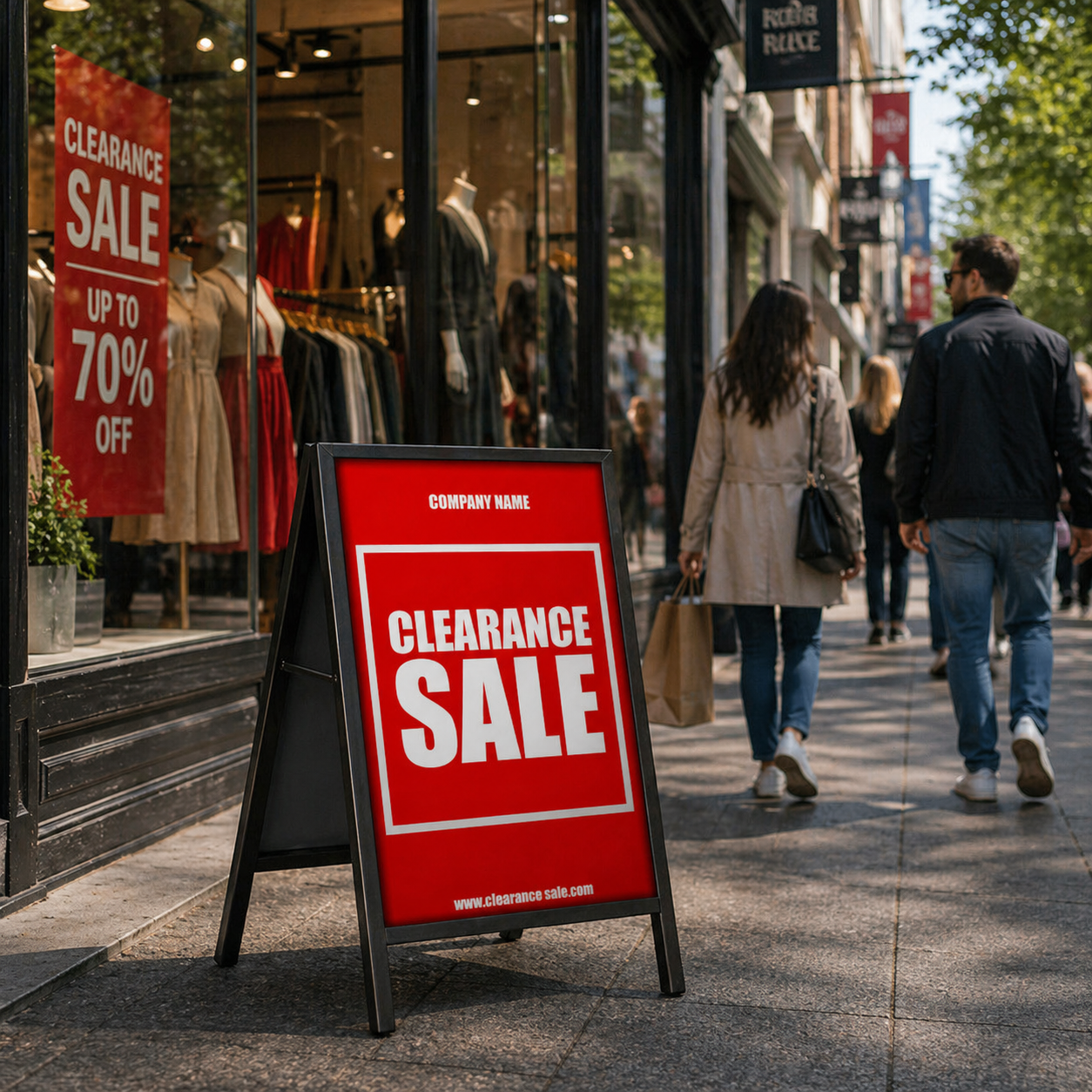 Clearance sale sign in front of a store with people walking by