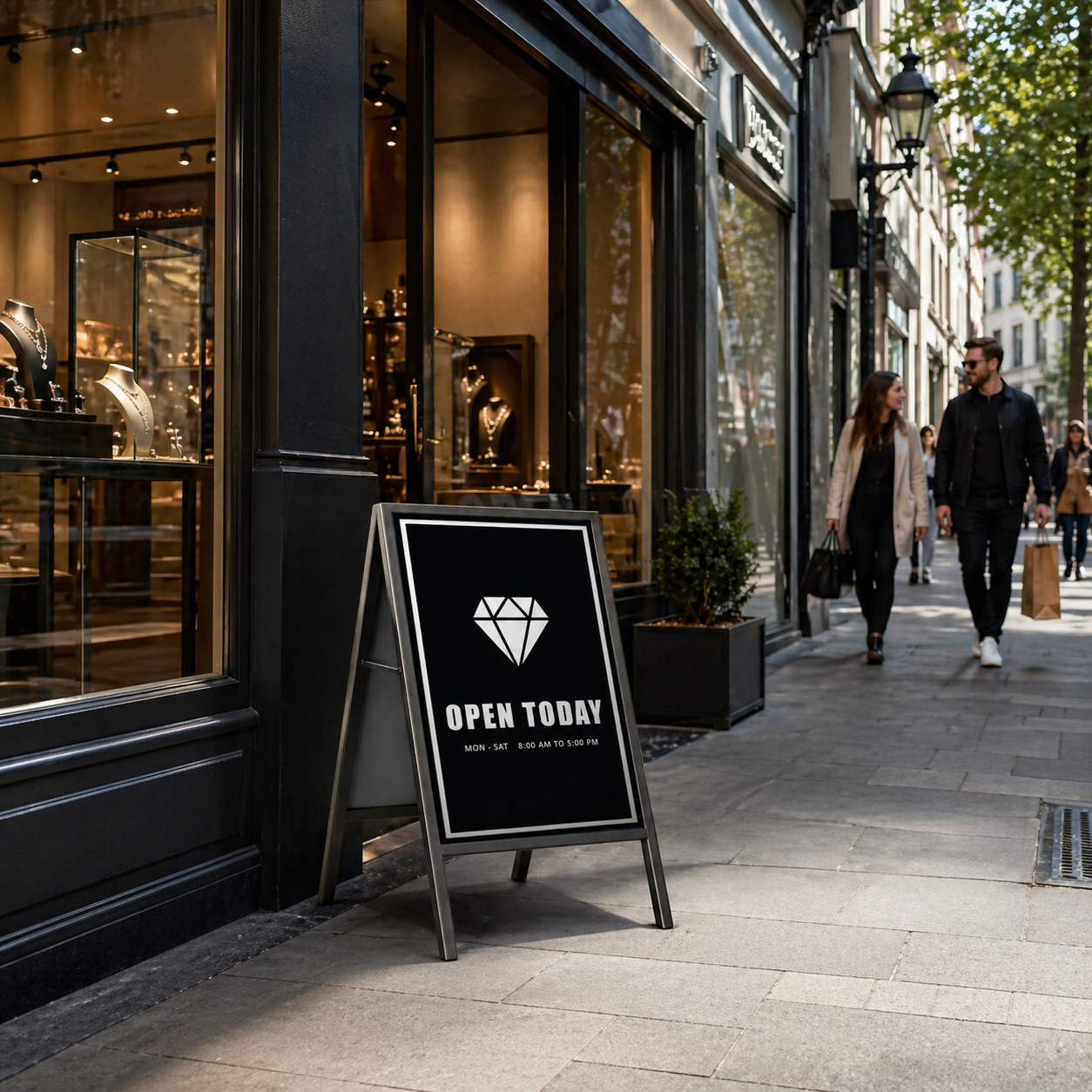 Storefront with a 'Open Today' sign on a city street